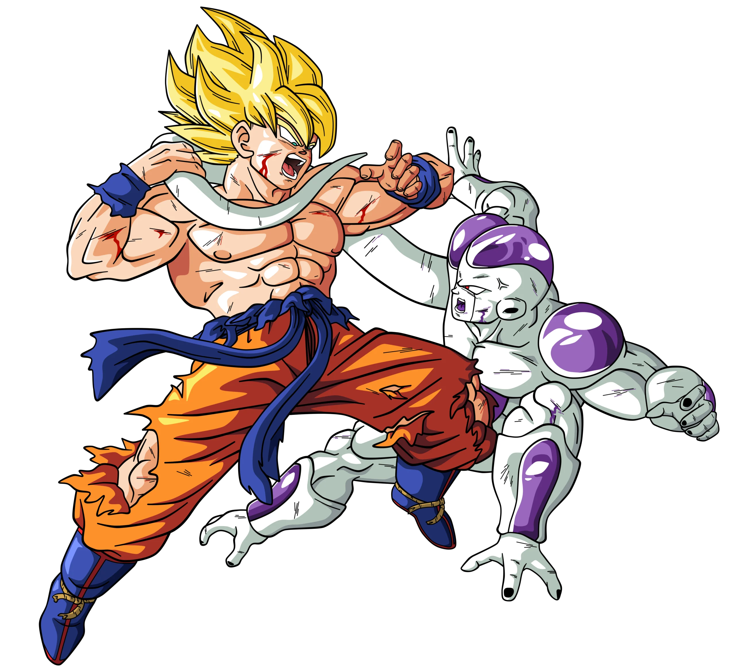 An action-packed image of Goku in Super Saiyan form fighting Frieza in his final form. Goku, with golden hair and ripped orange clothing, is mid-attack, while Frieza counters with a defensive stance. The scene is dynamic, showing battle scars and intensity.