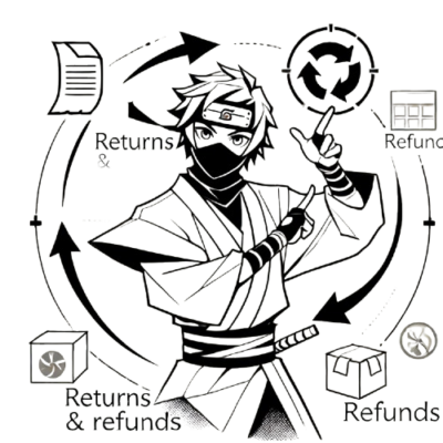 A ninja character in traditional attire pointing to icons related to returns and refunds. The icons include a recycling symbol, document, package, and currency, all arranged in a circular flow with arrows. The monochrome design represents efficiency and professionalism in the returns process.