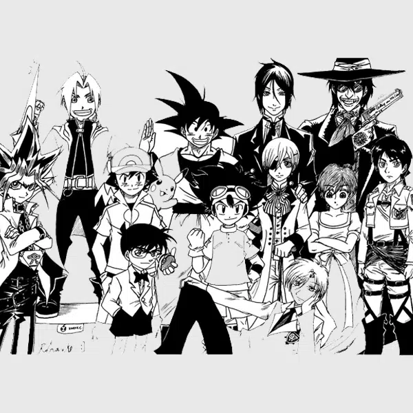 A black-and-white drawing of a group of famous anime characters standing together, including warriors, detectives, and adventurers, symbolizing a grand crossover of beloved figures from different anime series.