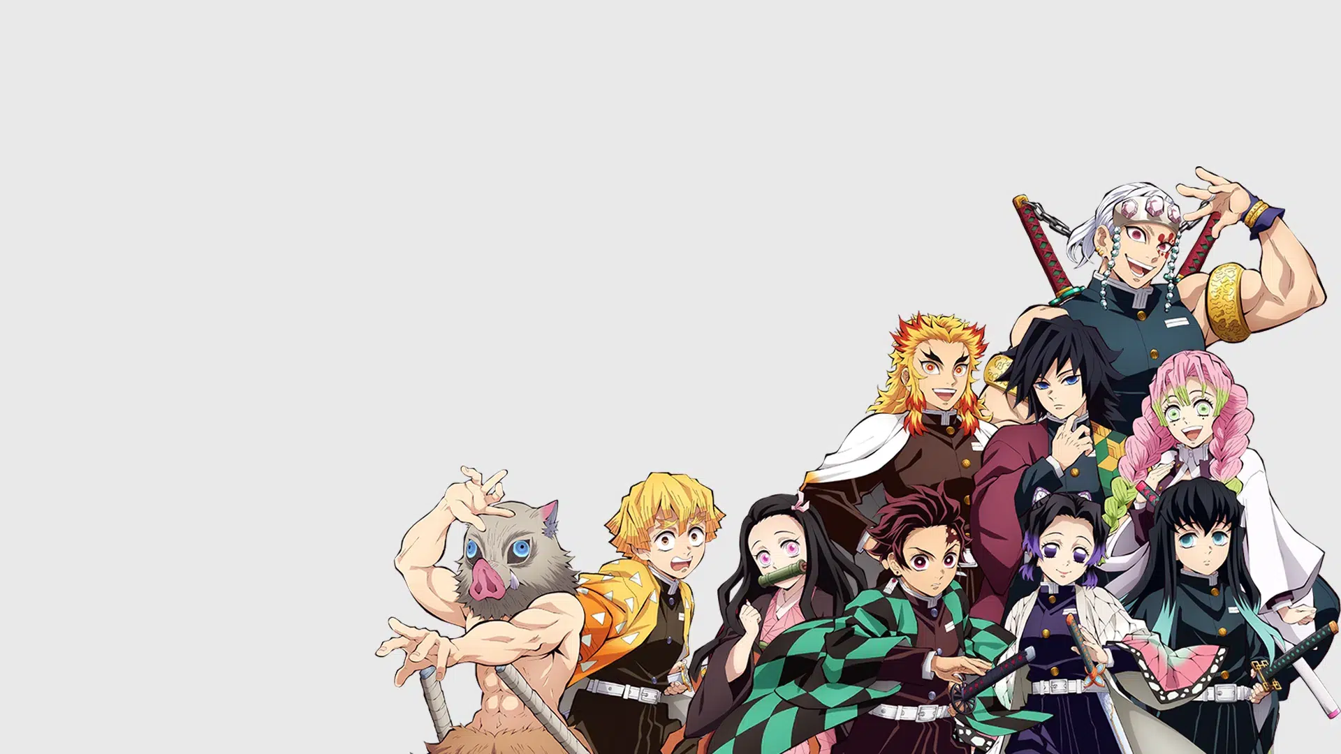 A group portrait of the Demon Slayer Corps characters, including Tanjiro, Nezuko, Zenitsu, Inosuke, and the Hashira members, all in colorful outfits with distinct expressions and stances. The image highlights their readiness for action and camaraderie.