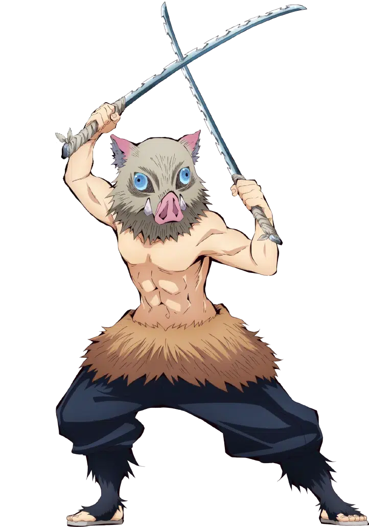 A shirtless man wearing a boar's head mask wielding two swords crossed above his head, dressed in fur-trimmed pants, showcasing his muscular physique and readiness for battle.