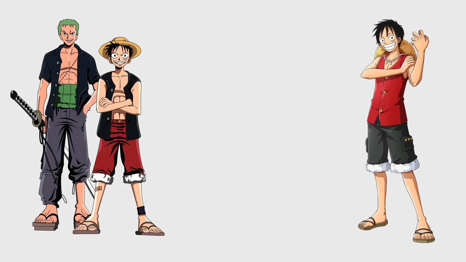 A split-image showing two iconic One Piece characters, Luffy and Zoro, standing together on the left, and Luffy posing solo on the right. The background is light gray, highlighting the characters' bold designs.