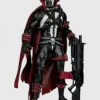 Action figure in black and white armor with a red cape, holding a futuristic gun in a combat-ready stance.