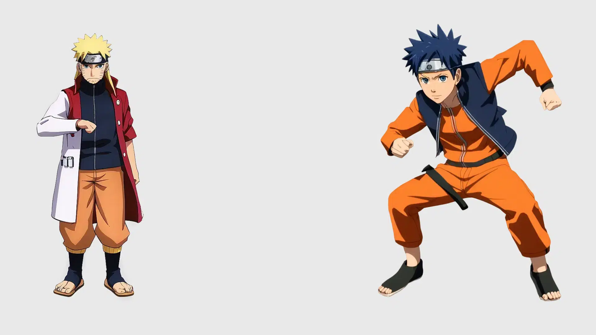 Two images of Naruto Uzumaki. On the left, Naruto is in his Hokage outfit with a red and white cloak, standing confidently. On the right, he is younger, in his orange jumpsuit, ready to fight in a determined stance.