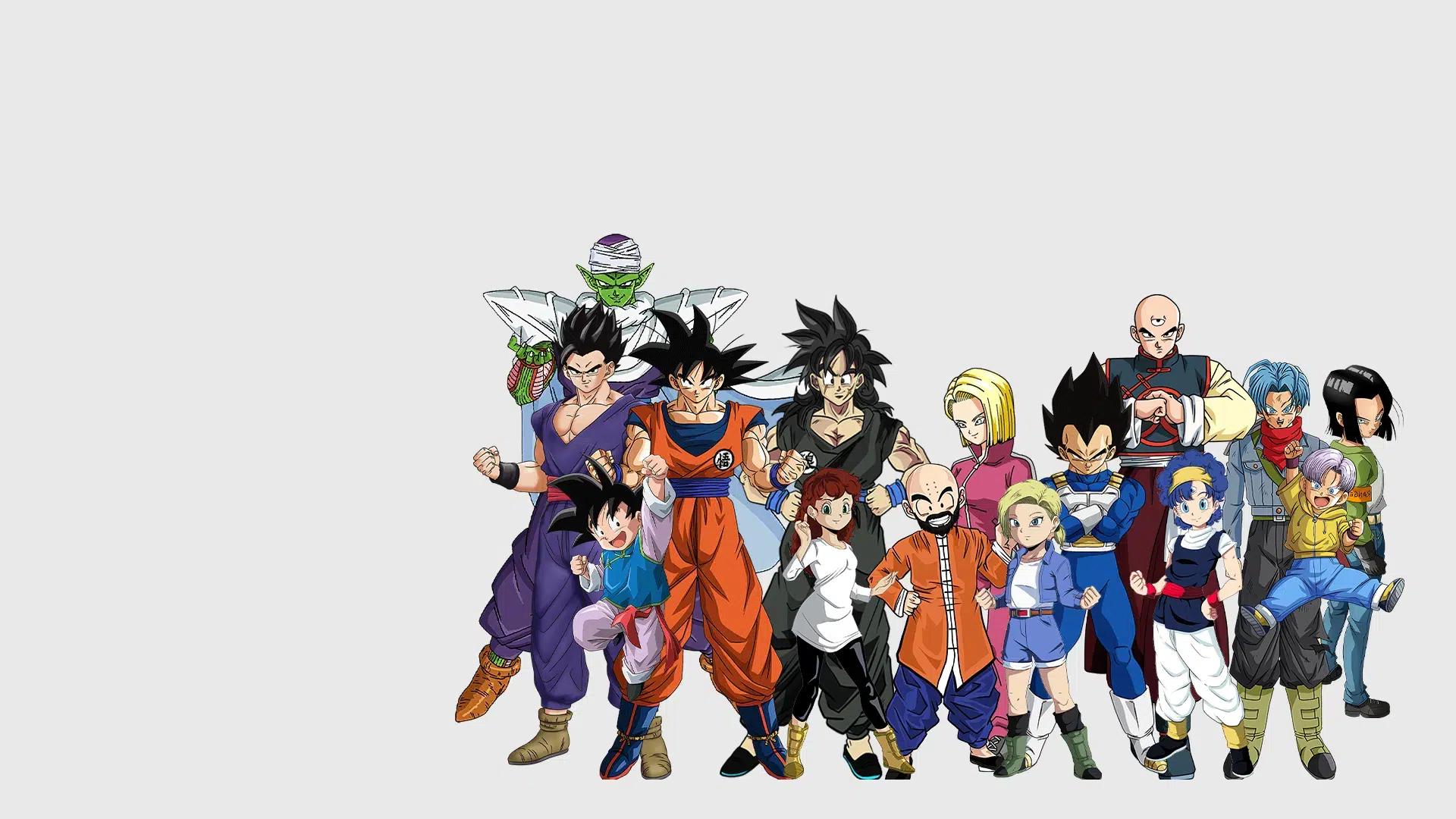 A colorful group image of Dragon Ball Z characters, with Goku and Vegeta in the center, surrounded by Piccolo, Gohan, Trunks, Krillin, Android 18, Bulma, and others in dynamic poses. Each character is dressed in their signature attire.