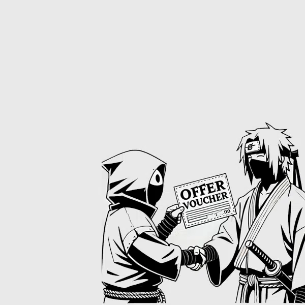 A hooded character hands over an "OFFER VOUCHER" to a samurai-style figure with a katana, depicted in a monochromatic, minimalist art style. The image represents a playful fusion of modern and traditional themes.